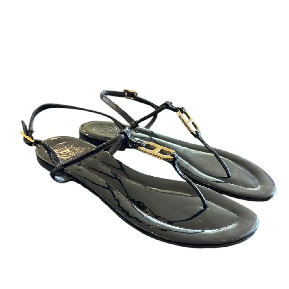 Tory Burch Womens Patent Sandals 7M Black T‎ Strap Thong Gold Link Minimalist